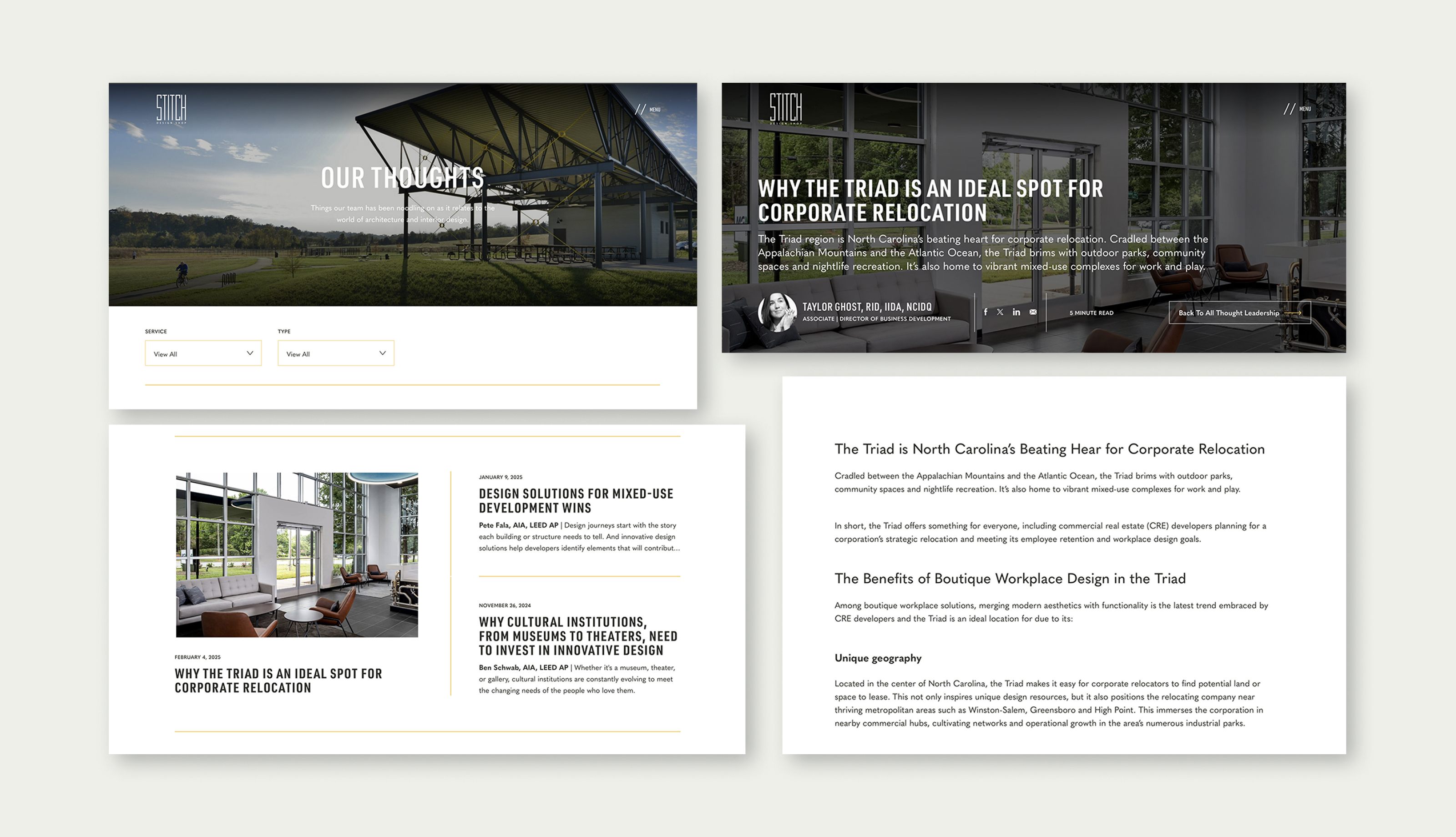 Thoughts page flat spread website design for STITCH Design Studio