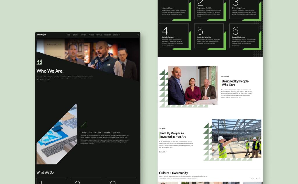 Arium AE Who We Are page on a flood of green background