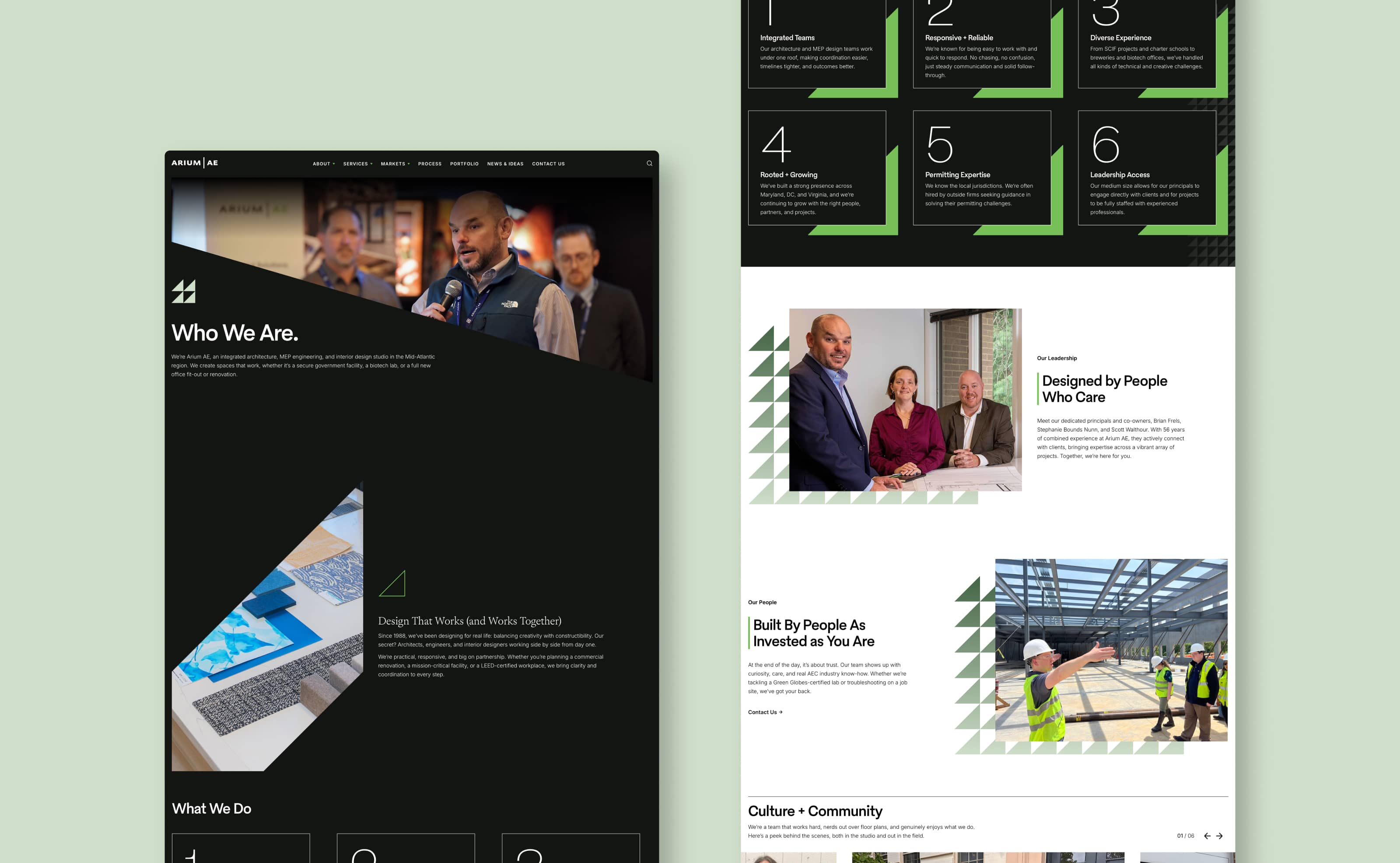 Arium AE Who We Are page on a flood of green background