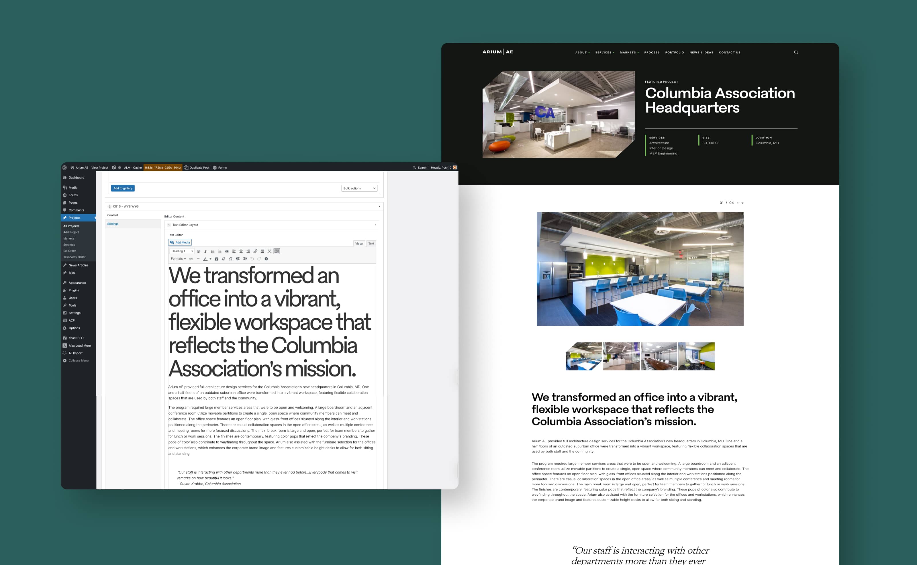 Flat design of the backend of Arium project, Columbia Association Headquarters overlaying to the front-end