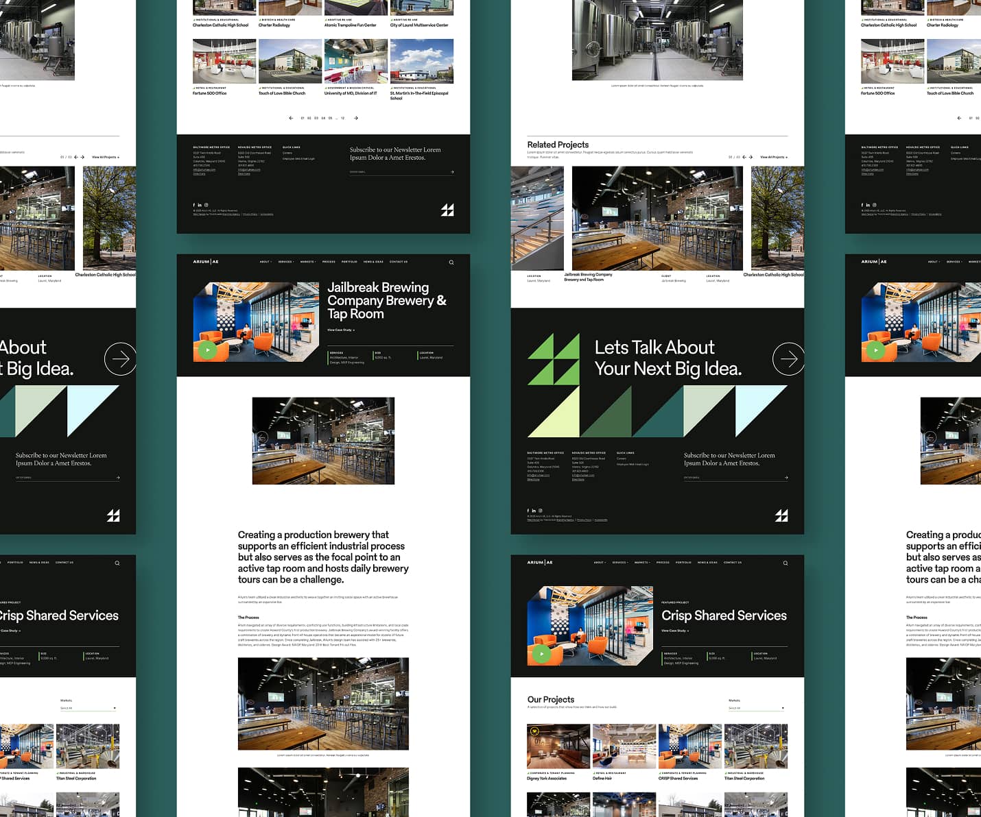 Full length page frames of the Portfolio and Detail page designs repeating by column