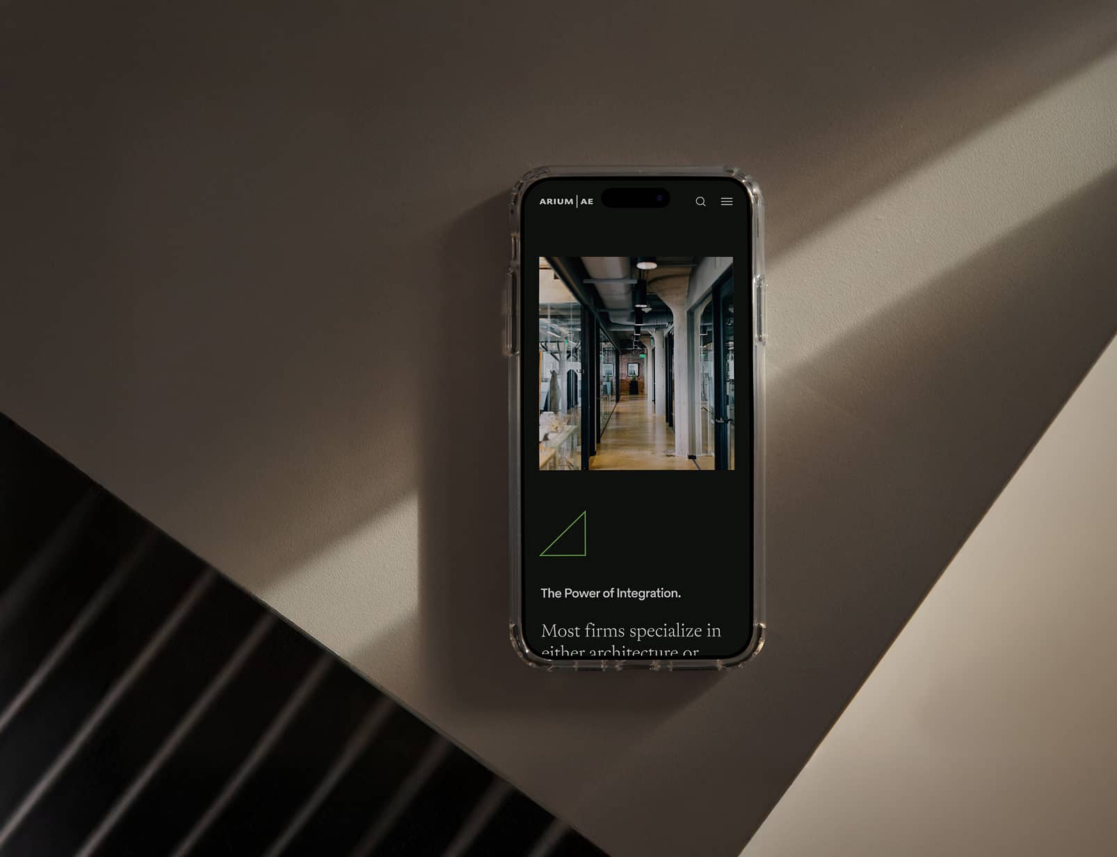 Phone mockup of Arium mobile homepage design