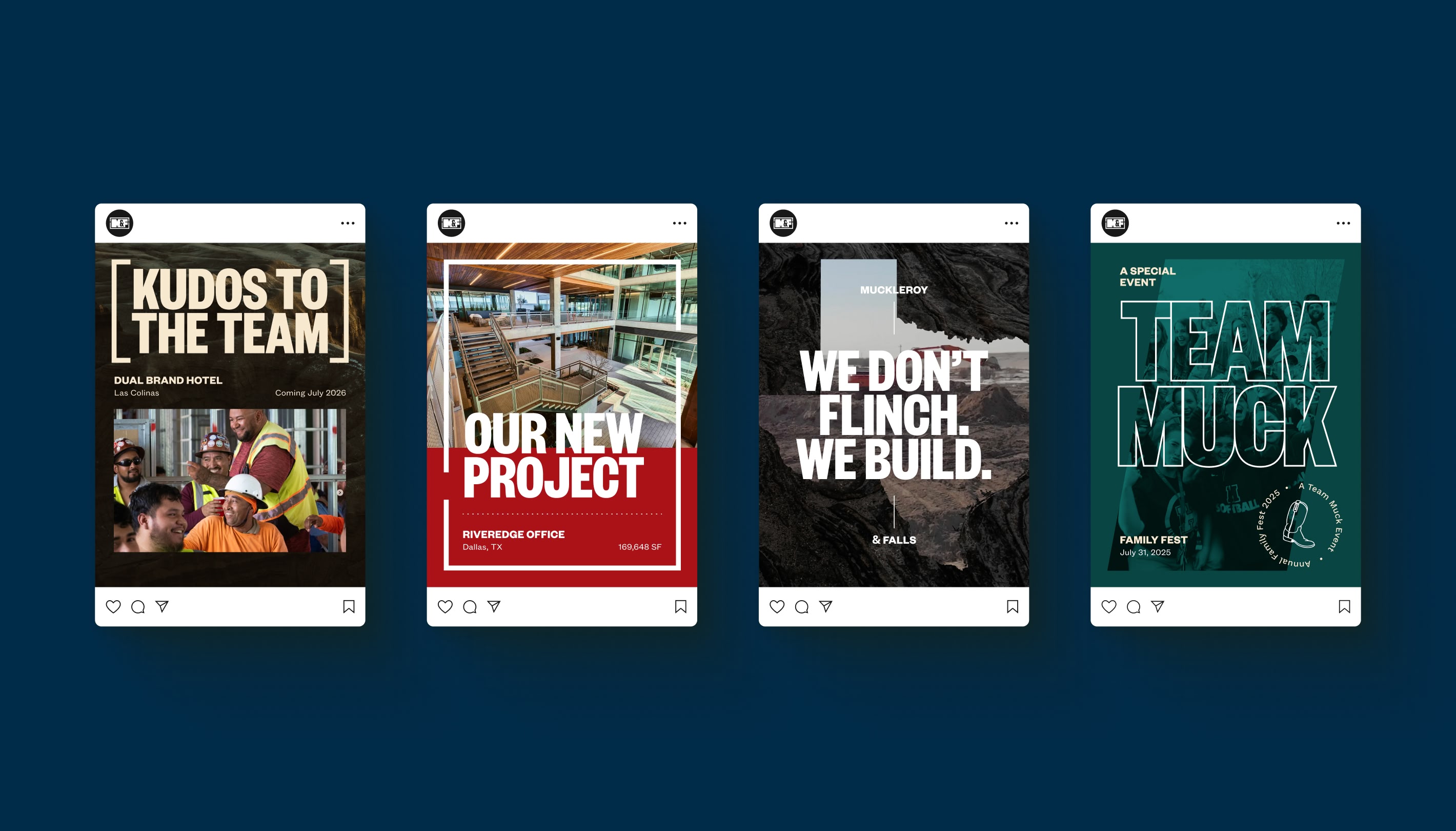 Four social media posts with bold text: 