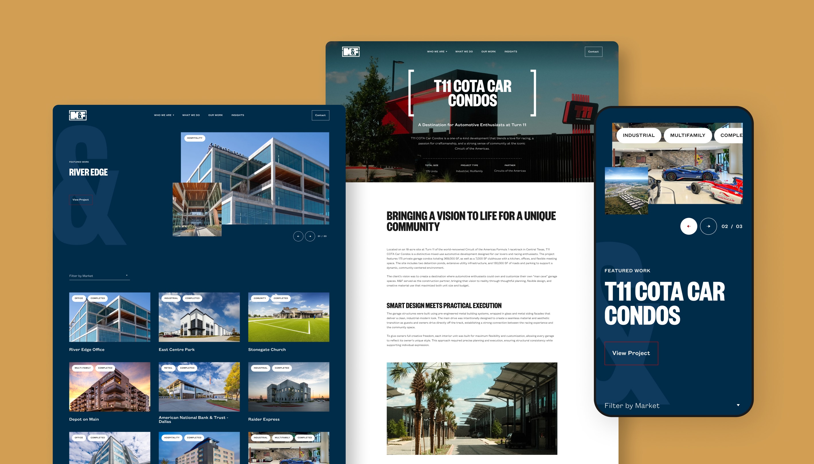 Responsive web design showcases project archive on both desktop and& mobile and project detail page,