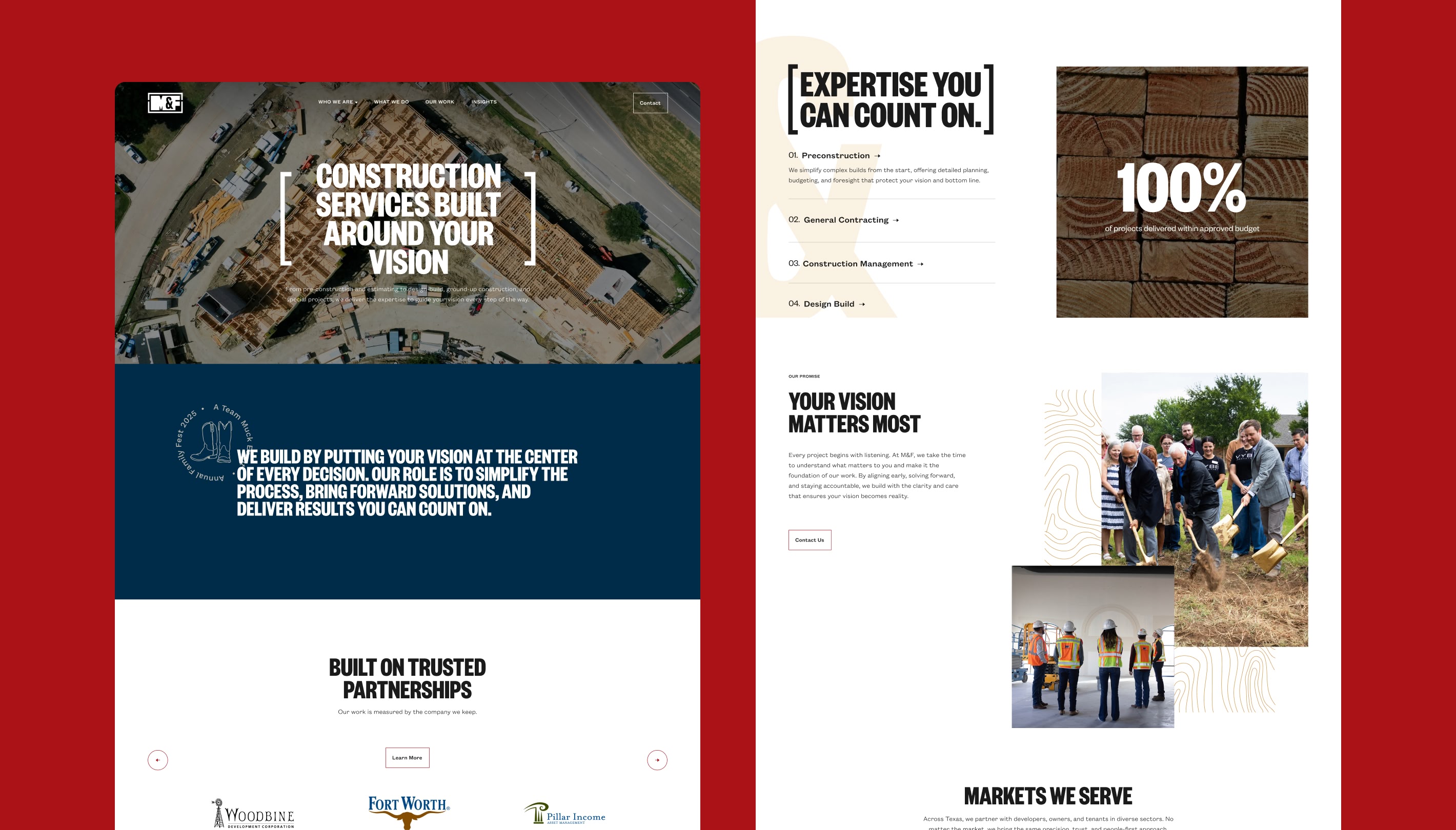 Split-screen website design featuring construction theme. Left side shows aerial view of a construction site with the text 'Construction Services Built Around Your Vision.' Right side highlights text 'Expertise You Can Count On' with wooden texture. Images of people in construction gear and groundbreaking ceremony convey teamwork and progress.