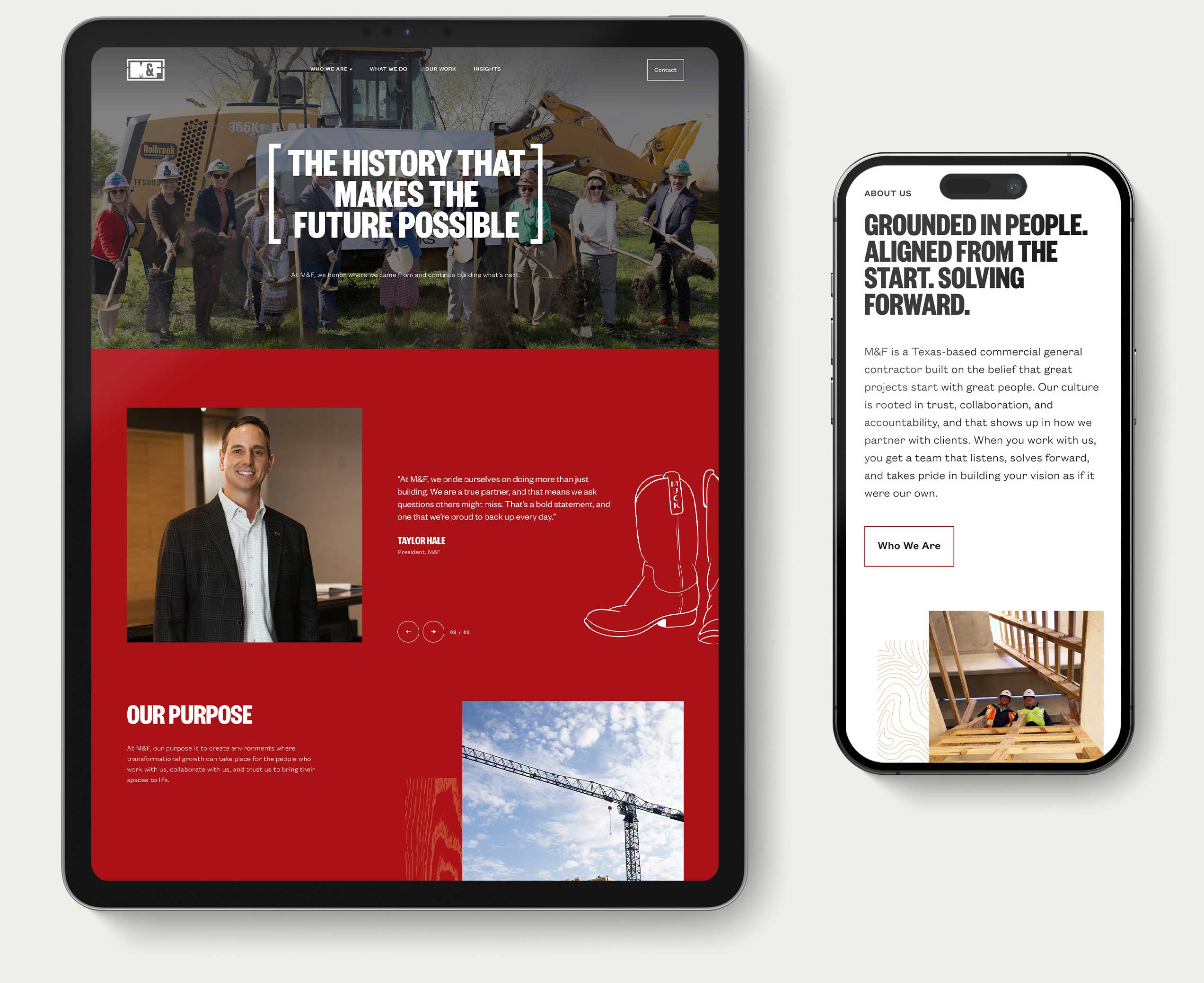 A tablet and smartphone display a responsive website design. The tablet shows a group with text overlay on a grassy field, while the phone features text and stairs.