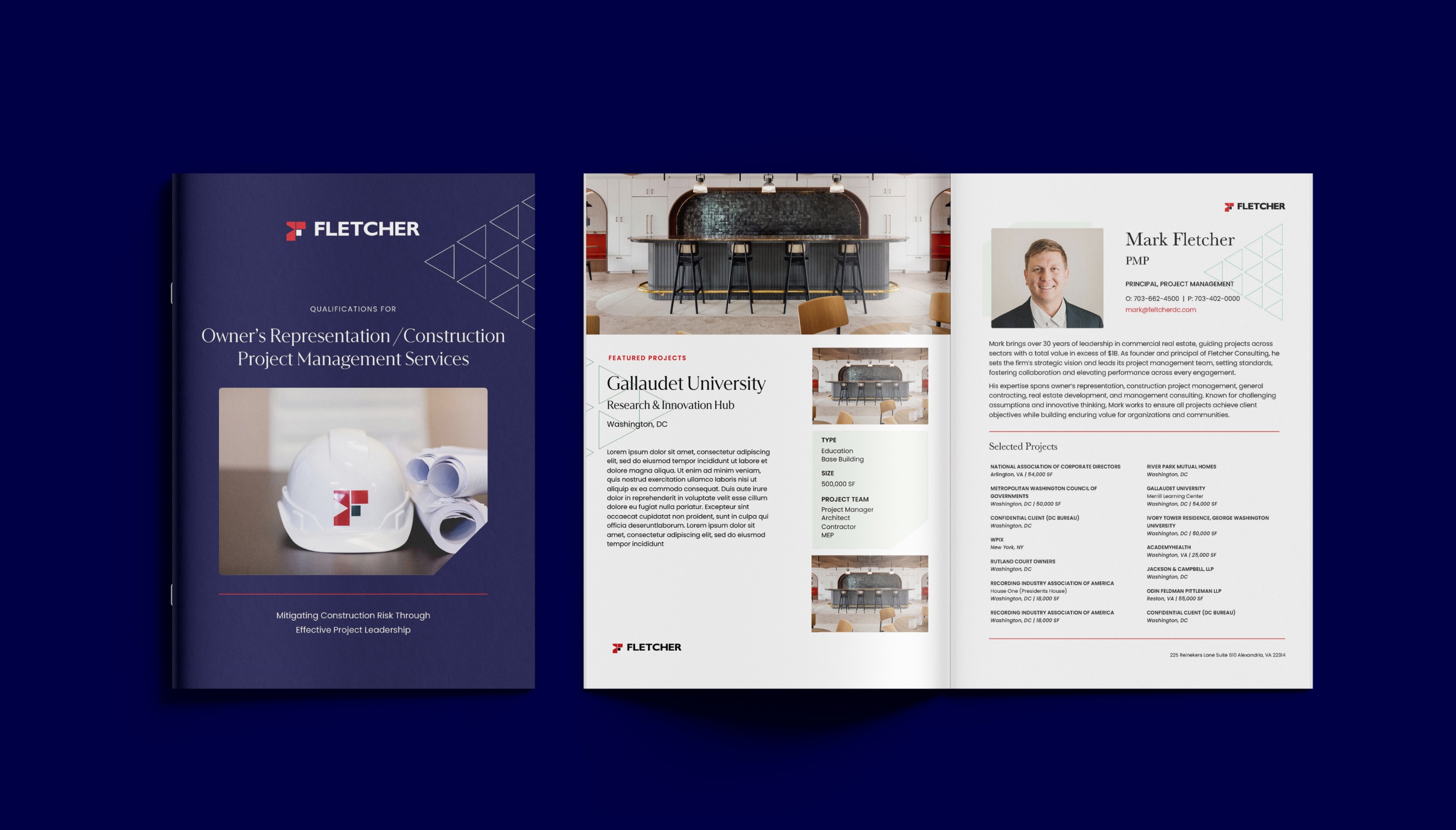 Mockup of Fletcher Qualifications pitch book presentation with pages of the project info sheet and resume open for display