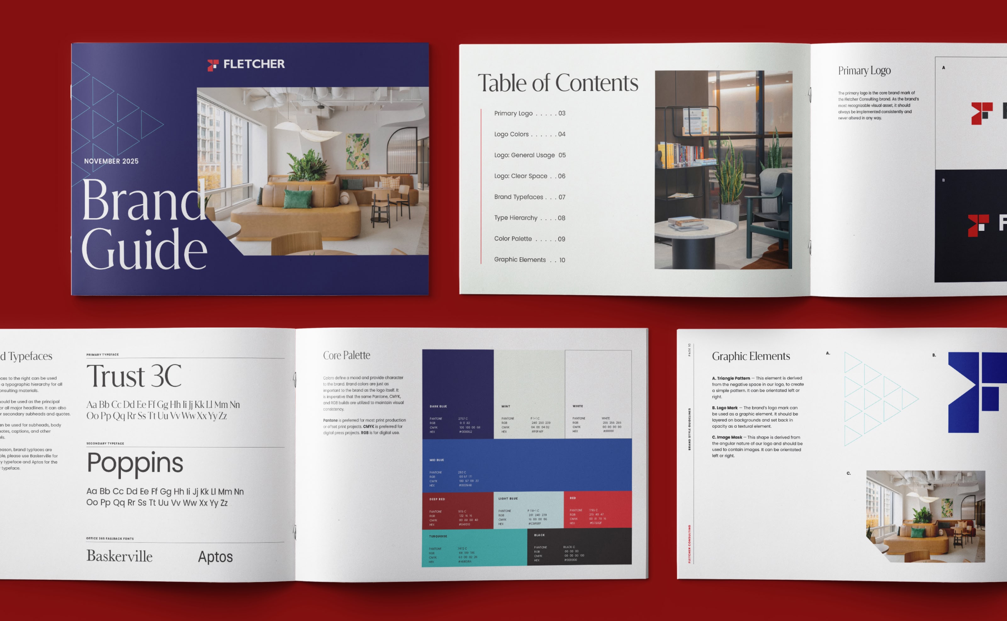 A brand guide for Fletcher is shown open on a red surface, displaying sections on typography, color palette, graphic elements, and a table of contents.