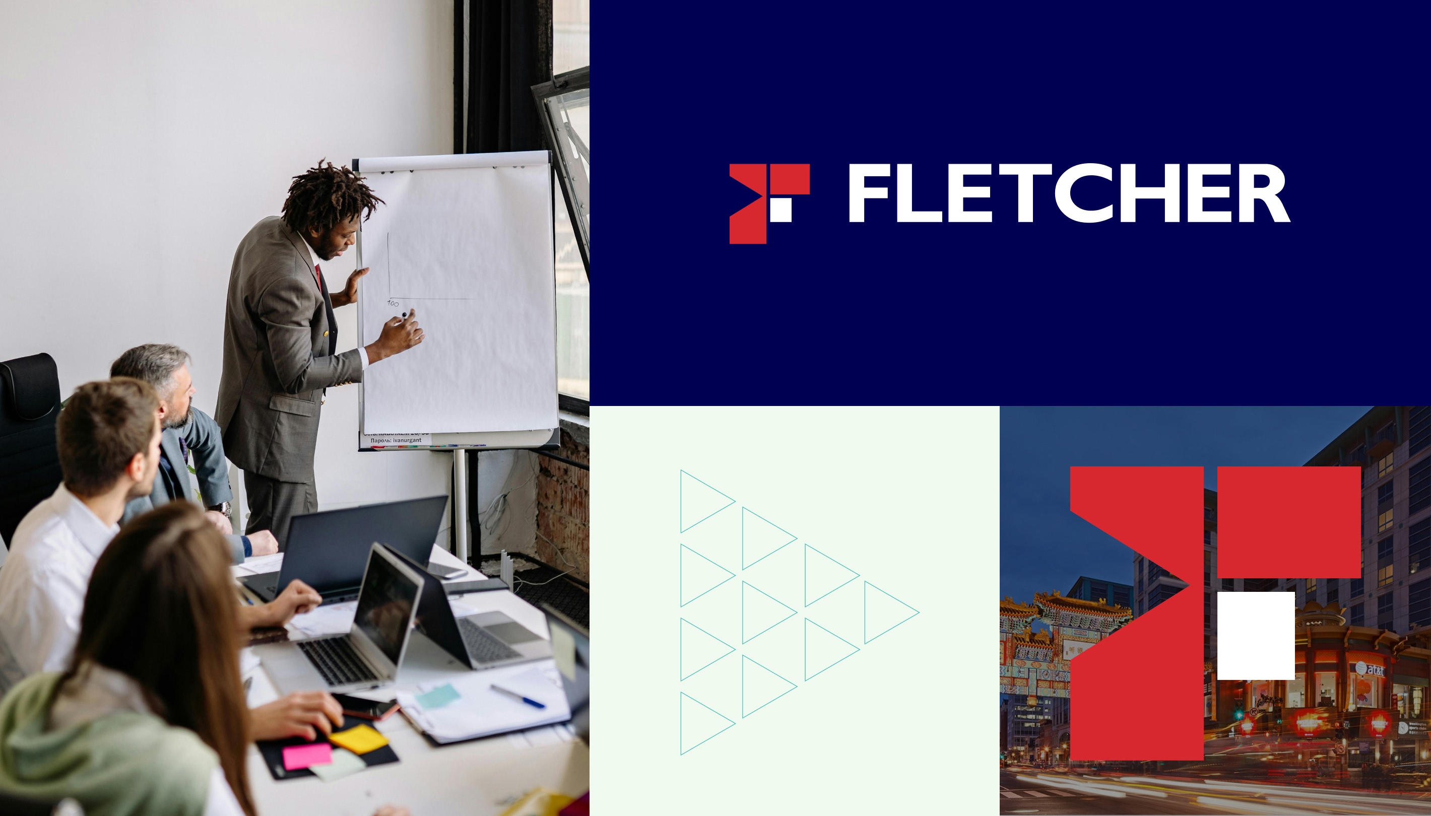 A person presents at a flip chart to a group in an office; the Fletcher logo and geometric designs appear alongside a cityscape image.