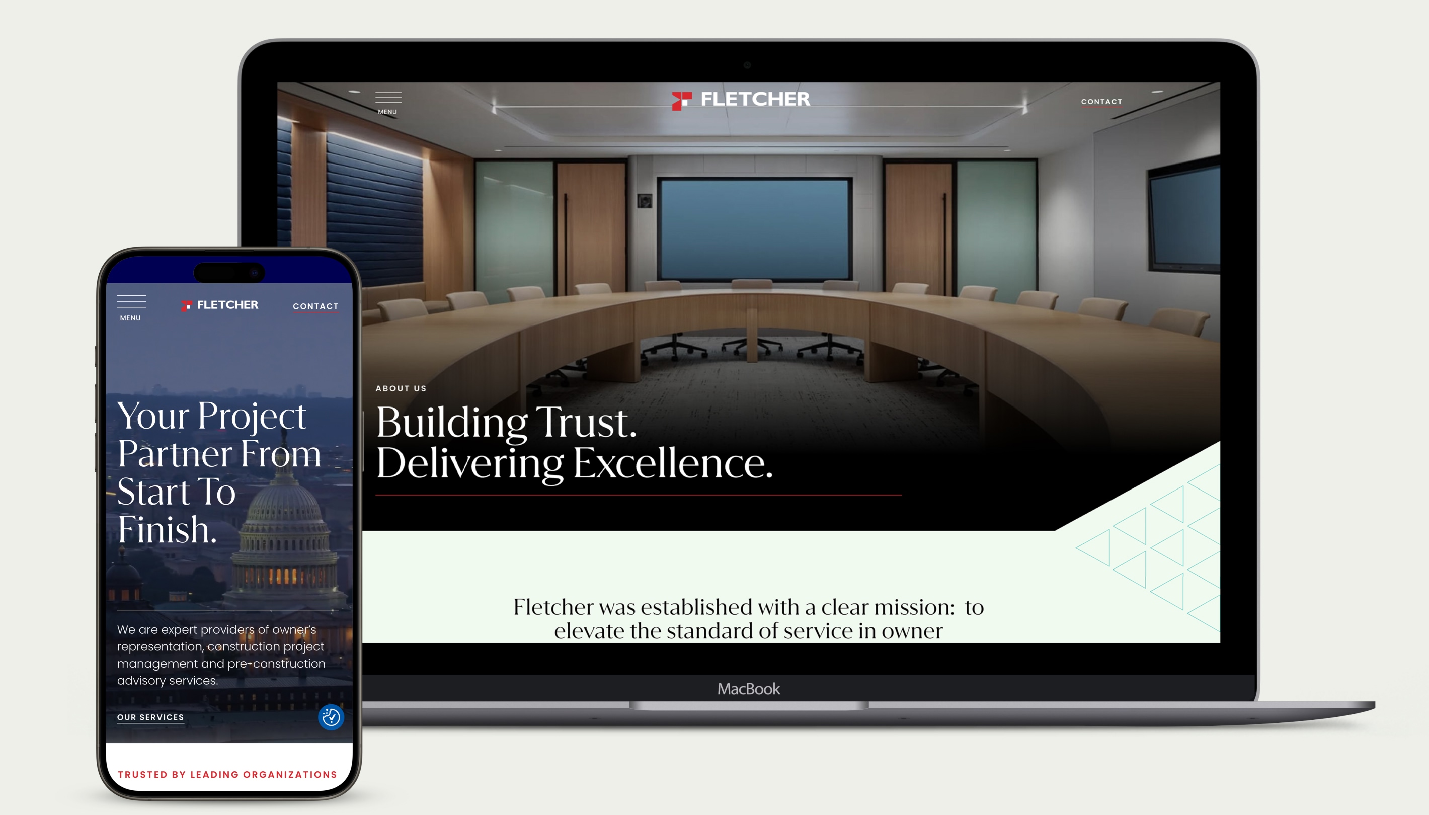 Laptop and phone mockup with fletcher homepage and about page displayed
