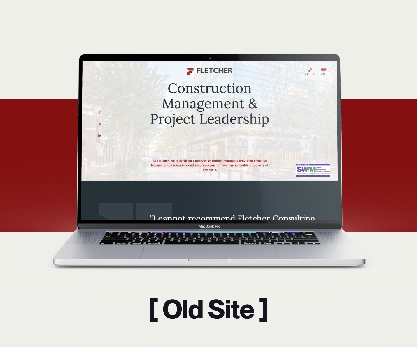 Laptop mockup of the old website with red rectangle stripe across the back