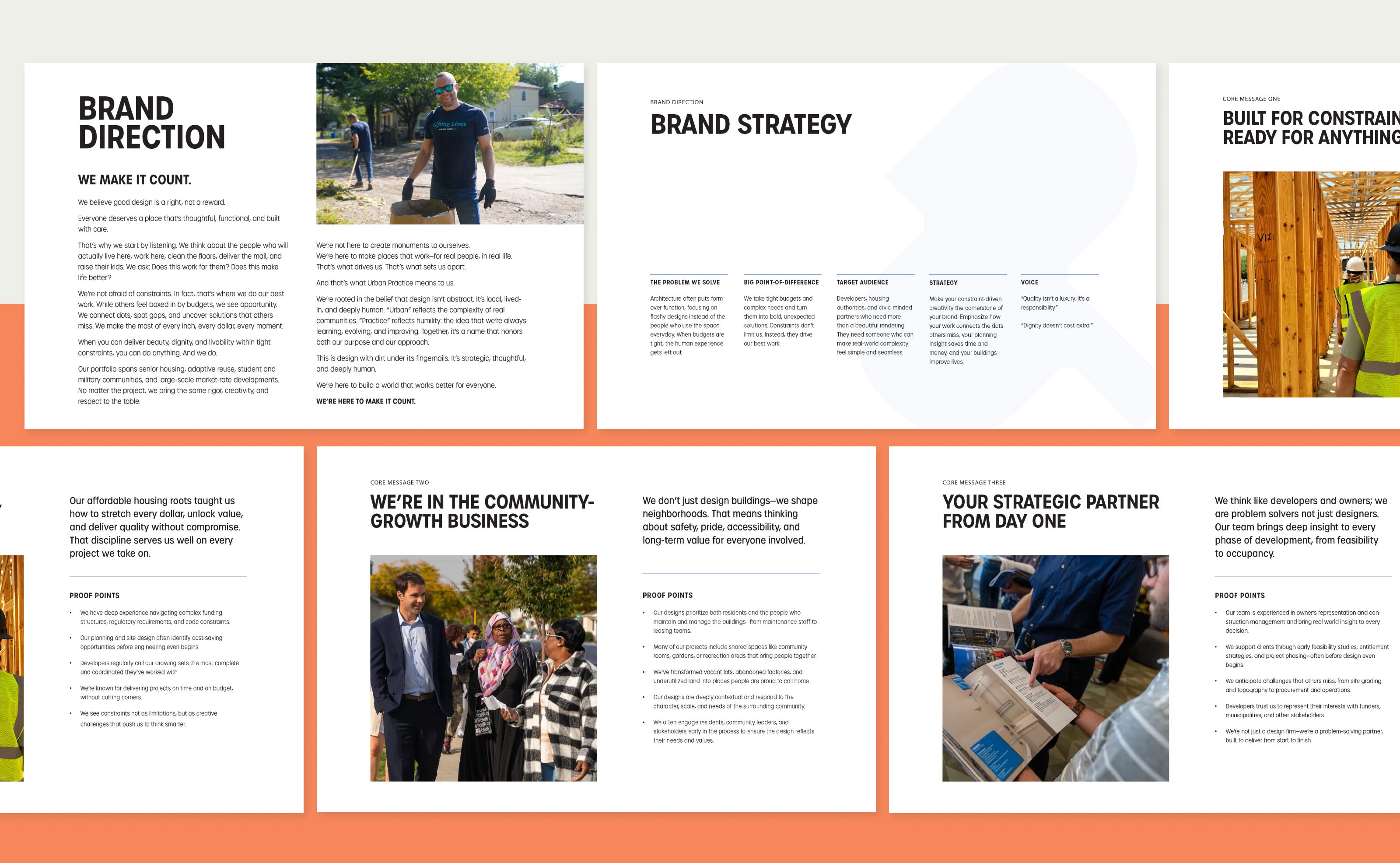 A collection of six slides displays brand direction, strategy, construction, community engagement, and partnership information with text and photos of people and buildings.