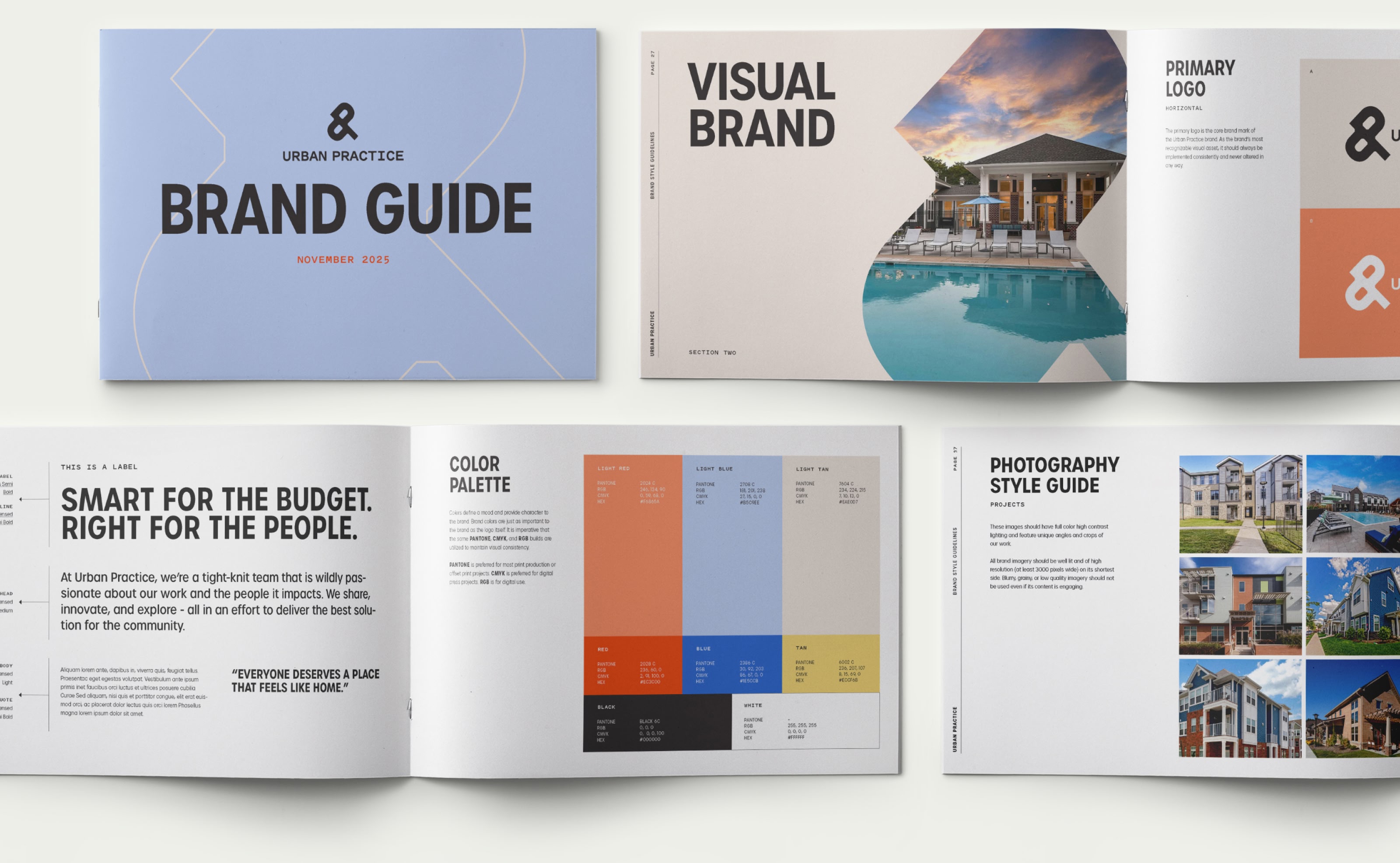 A spread of a brand guide with pages showcasing 