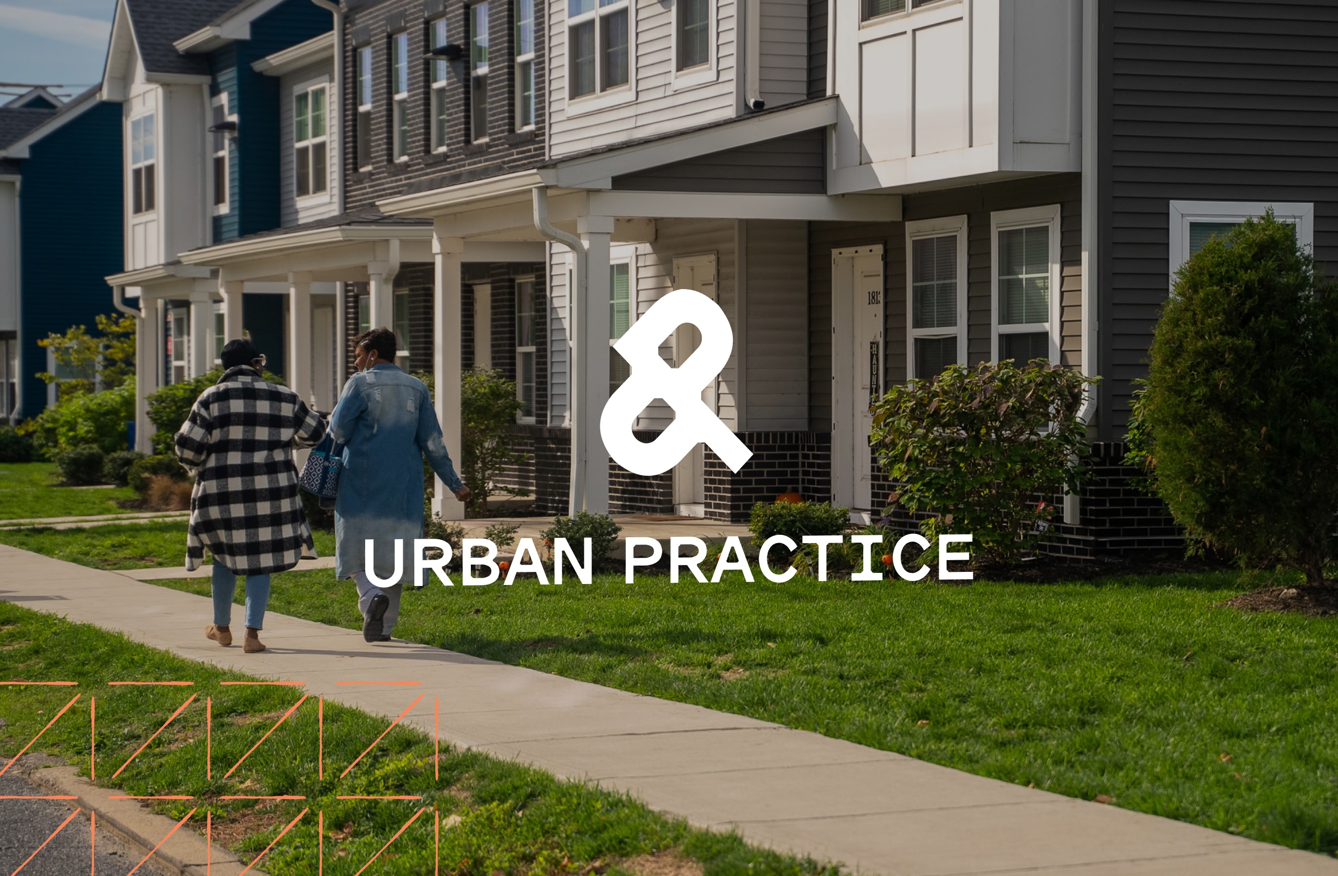 Logo sign overlaying image of two women walking on sidewalk in a neightborhood complex