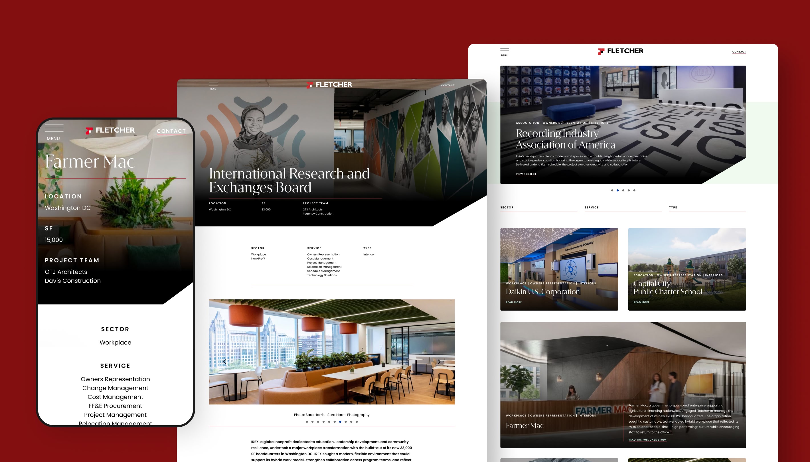 Fletcher website pages of the projects archive page, and detail pages, 